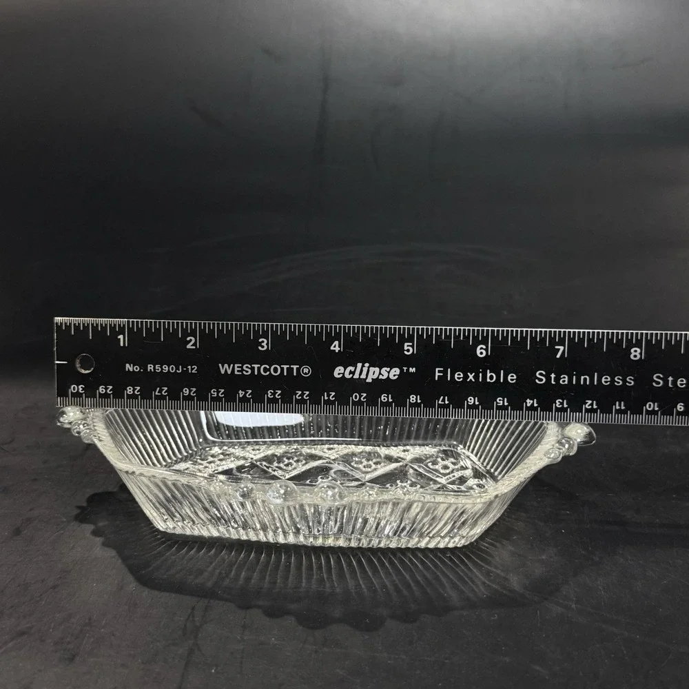 Vintage Anchor Hocking Beaded Block Clear Depression Glass Dish‎ w Handles